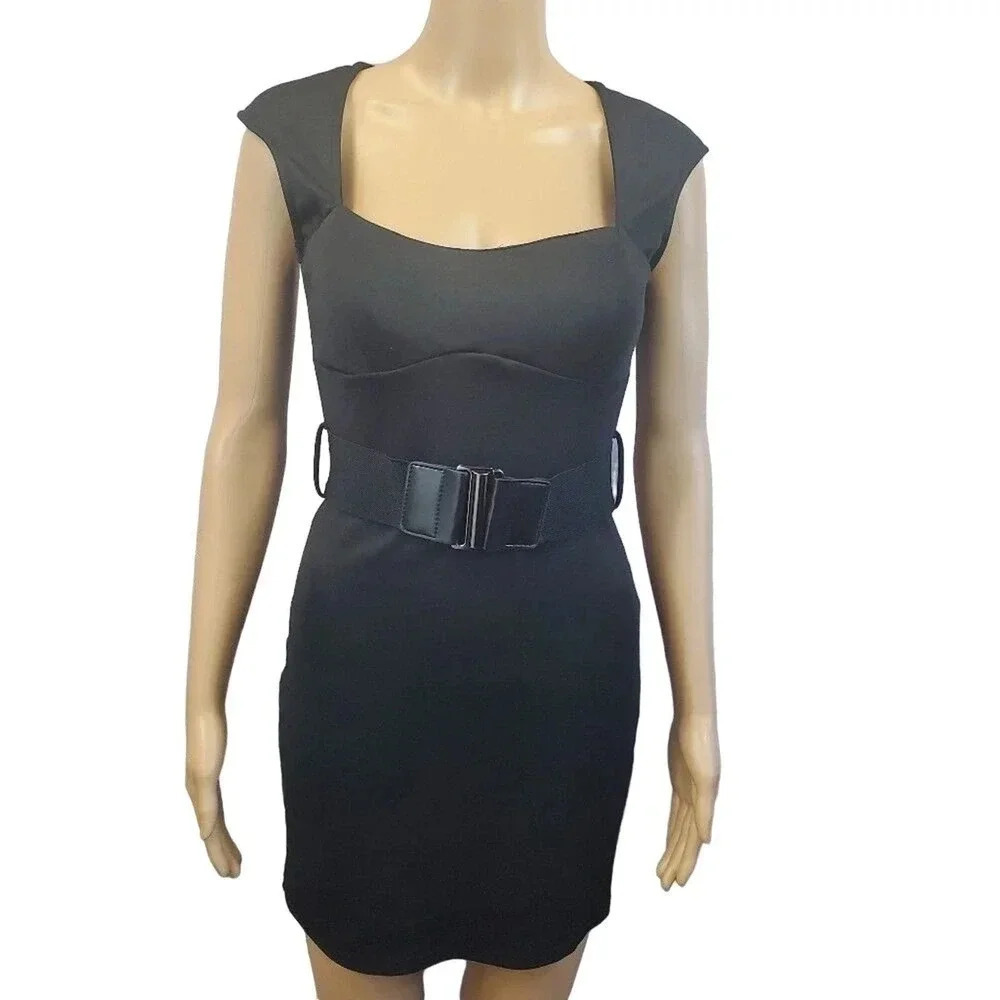 Janice Brand Size M Little Black Dress Peekaboo Back BodyCon with Chunky Belt